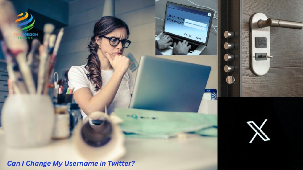 A woman looking puzzled while using a laptop, with images of a username and password login screen, a secure lock, and the X logo (formerly Twitter) in the background. The text at the bottom reads "Can I Change My Username in Twitter?" The Horizon Trends logo is in the top left corner.