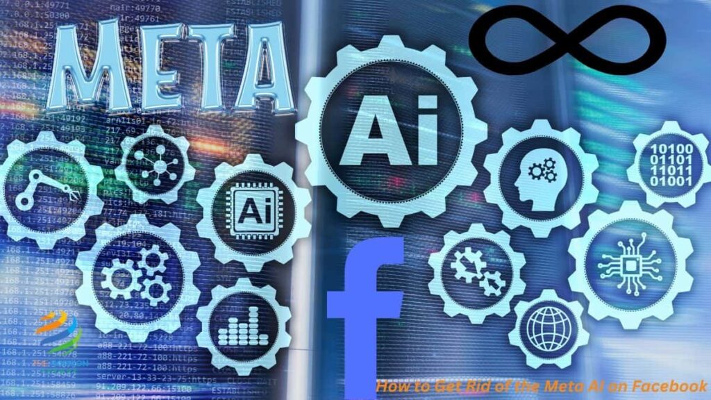 Illustration of AI gears with Meta and Facebook logos, plus the text 'How to Get Rid of the Meta AI on Facebook